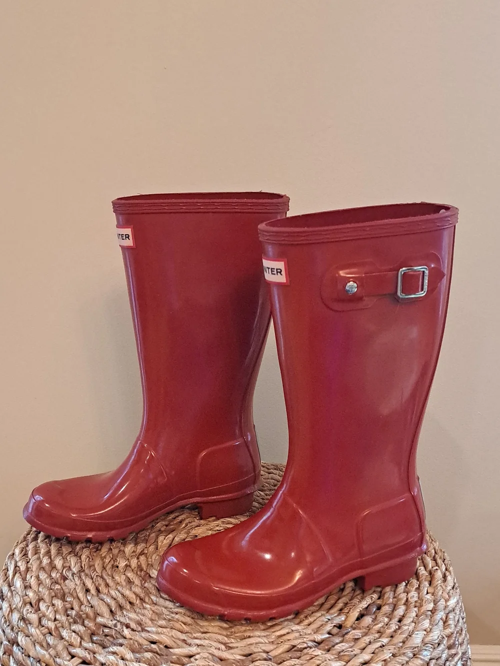 Hunter Youth Classic Preppy Gloss Cherry Red Wellie Rain Tall Buckle Boots B3/G4